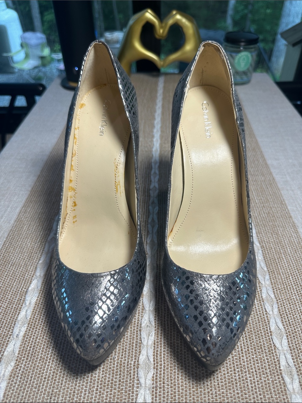 Calvin Klein Silver Snake-Embossed Pointed-Toe Pumps